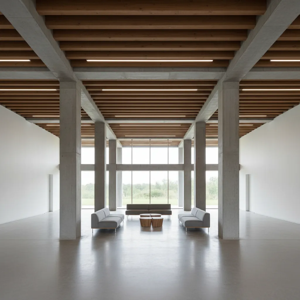 Architectural diagram style interior showing column grid and beam alignment in a house hall