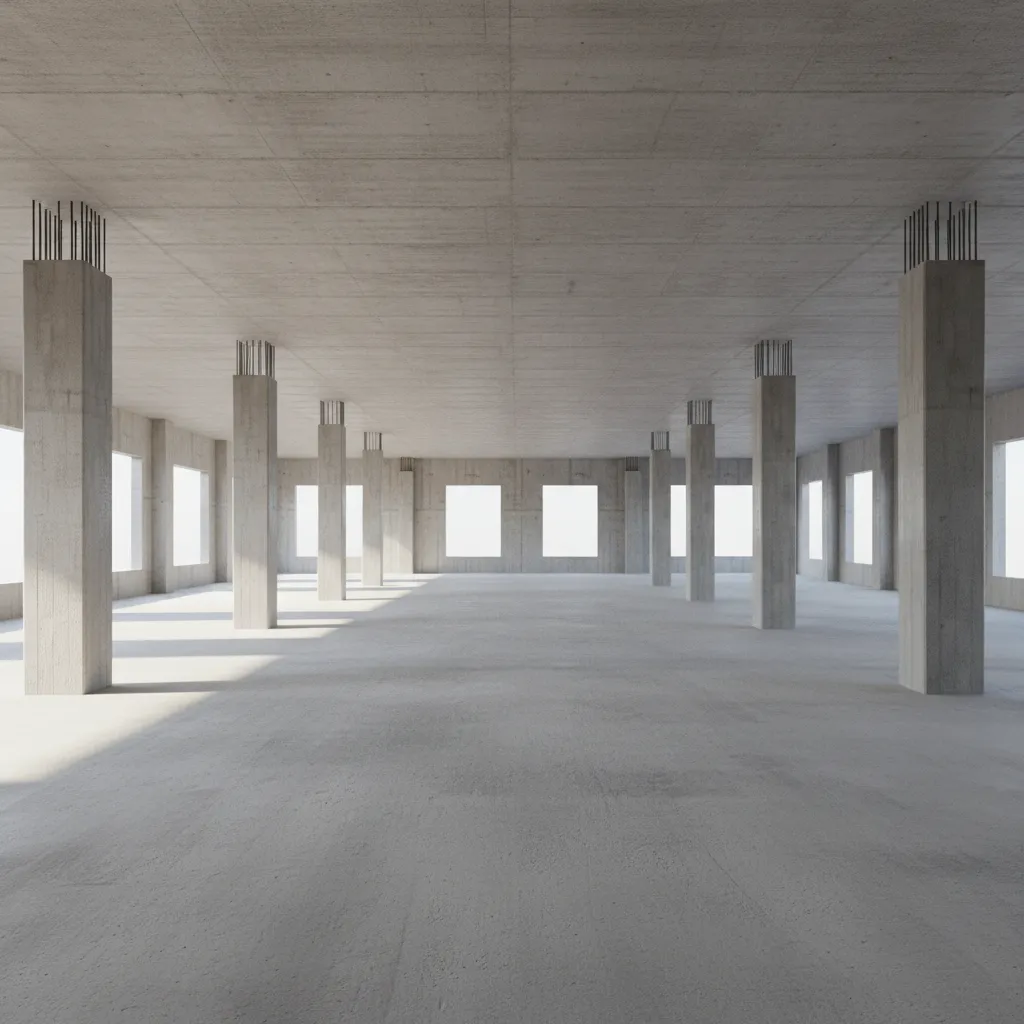 Structural column grid inside an unfinished open floor building interior