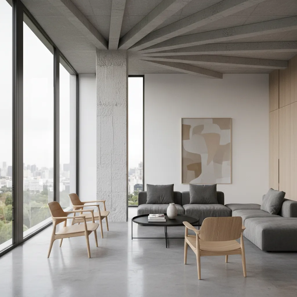 structural concrete column in open living hall supporting ceiling beams