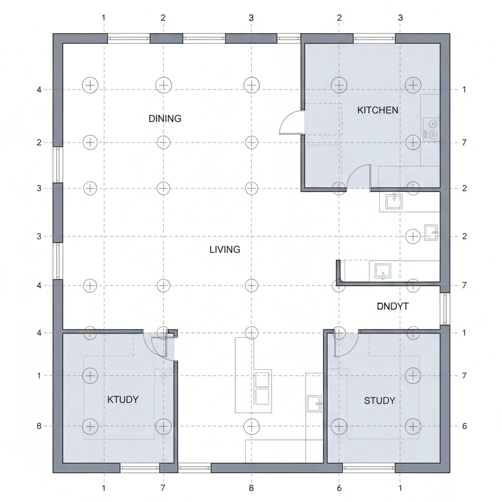 architectural floor plan with structural column grid overlay
