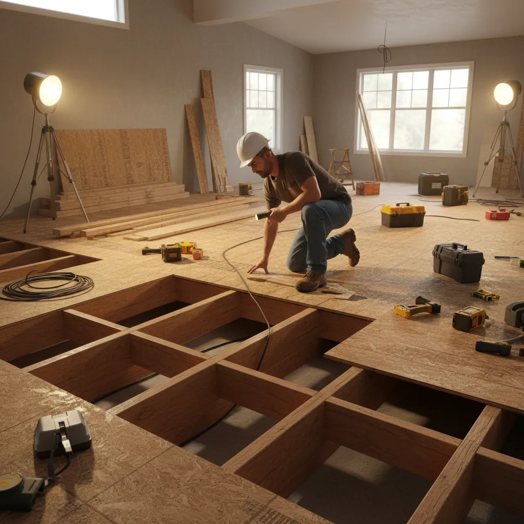 contractor inspecting damaged wooden floor framing during renovation