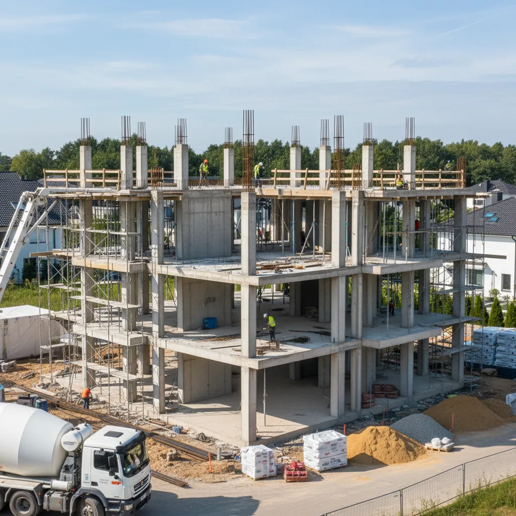 Residential house structural frame showing columns and beams for safety compliance