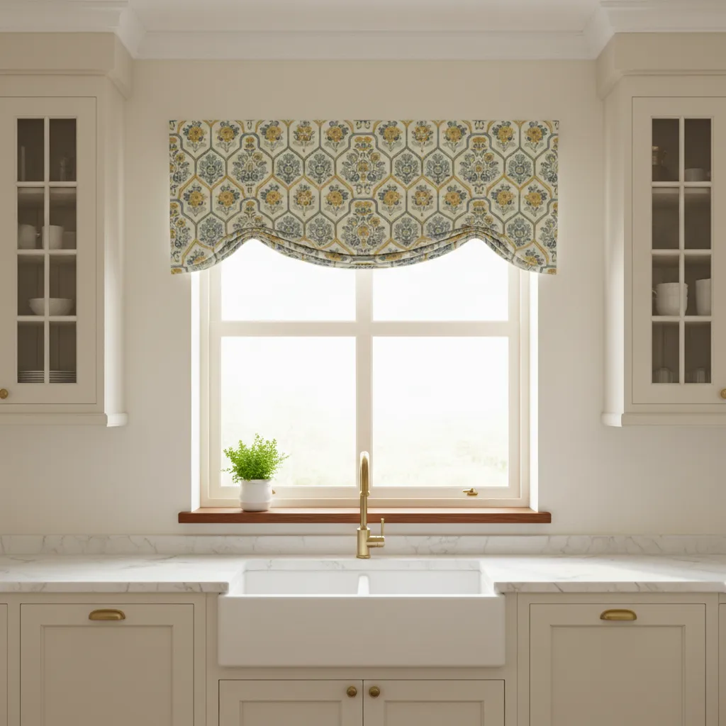 Structured patterned valance above kitchen window in classic kitchen