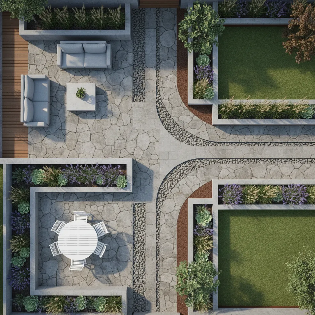 structured modern garden layout with patio, pathways, and planting zones