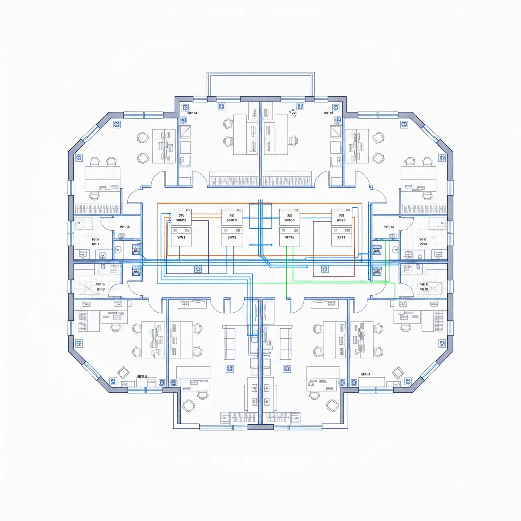 Structured cable routing plan displayed on a building network floor layout