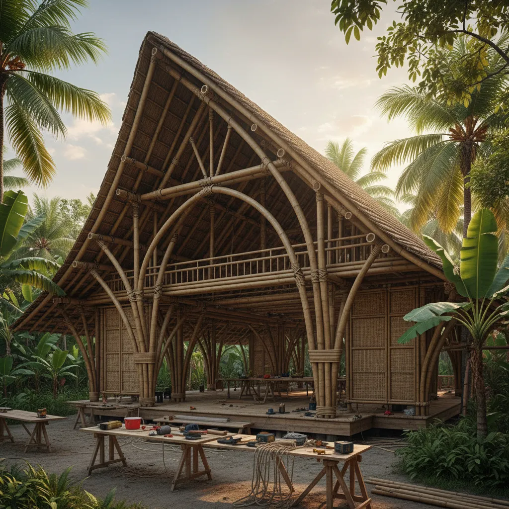 Struktur rangka bambu pada rumah modern