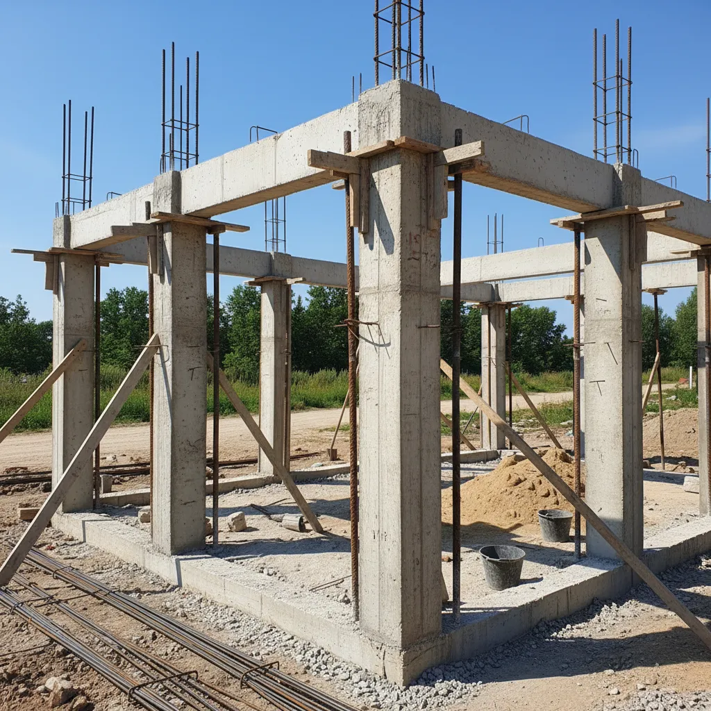 Concrete pillars and beams for a small house under construction against a clear blue sky