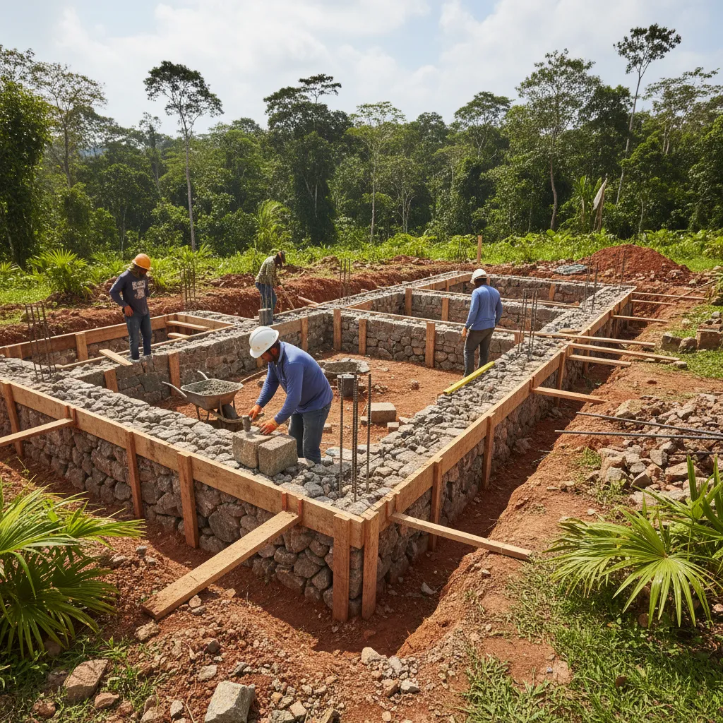 Construction workers building a stone house foundation with wooden frames in a lush green jungle
