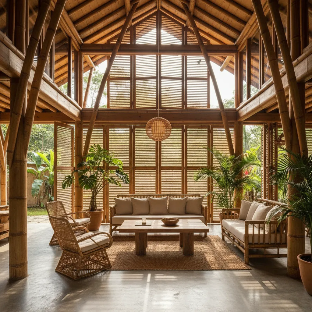 Interior rumah bambu dengan struktur kolom terbuka