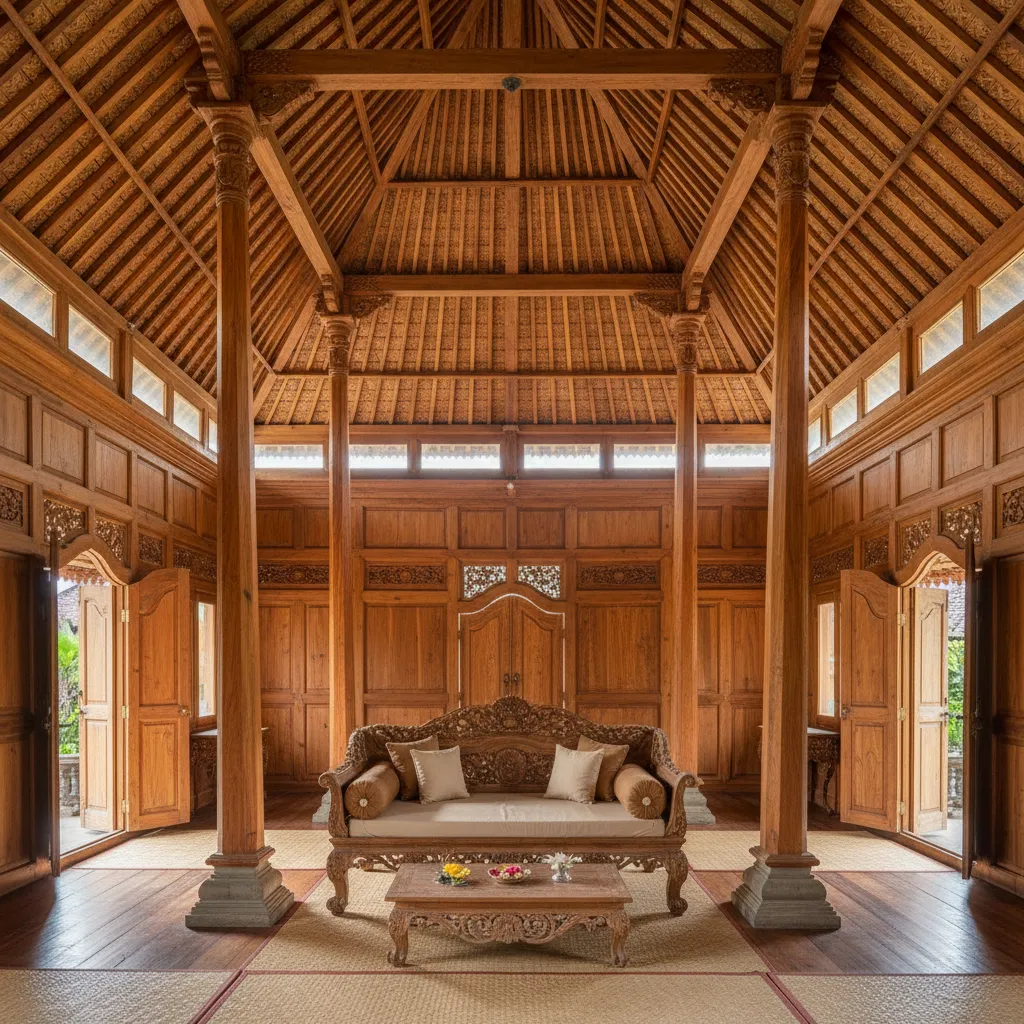 Interior rumah Joglo dengan empat saka guru