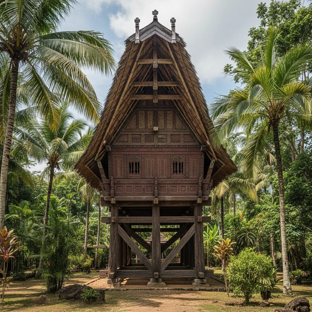 Struktur rumah panggung Bolon dengan tiang kayu besar