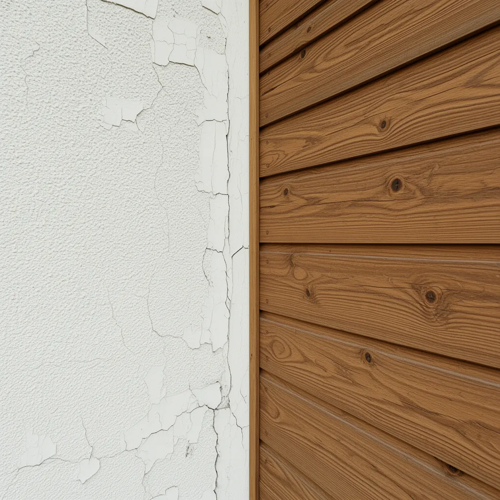 Exterior wall combining stucco and wood siding with paint cracking