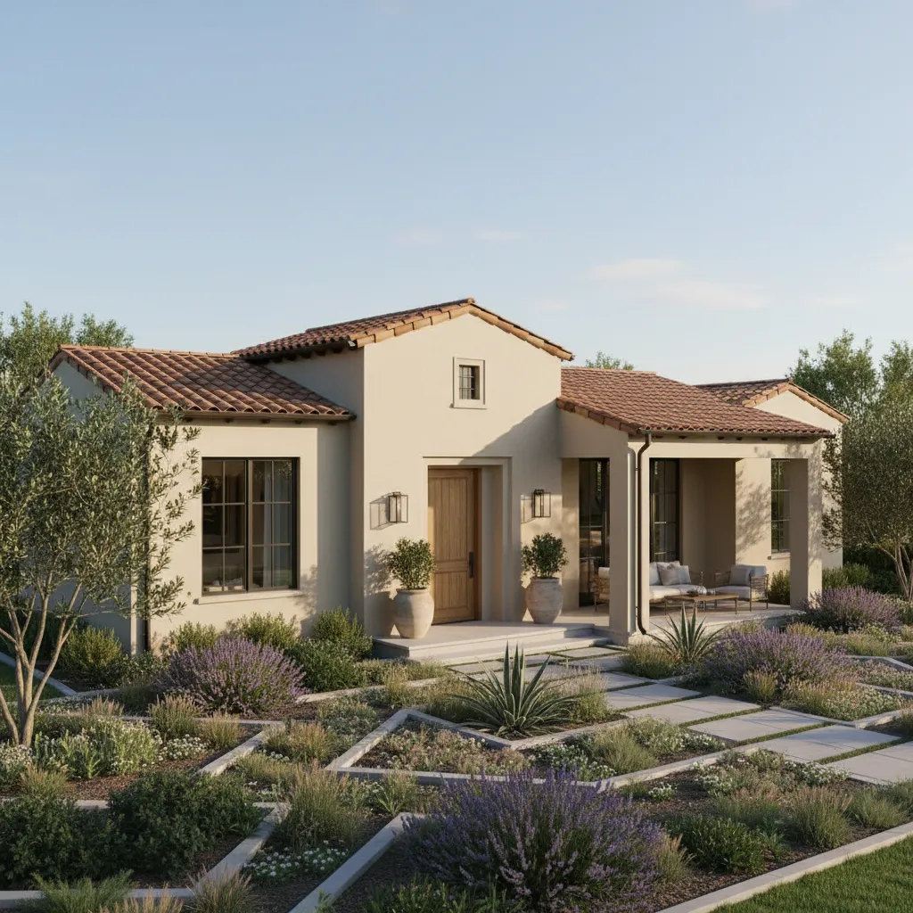 Single story Mediterranean home with beige walls red tile roof and garden with purple flowers