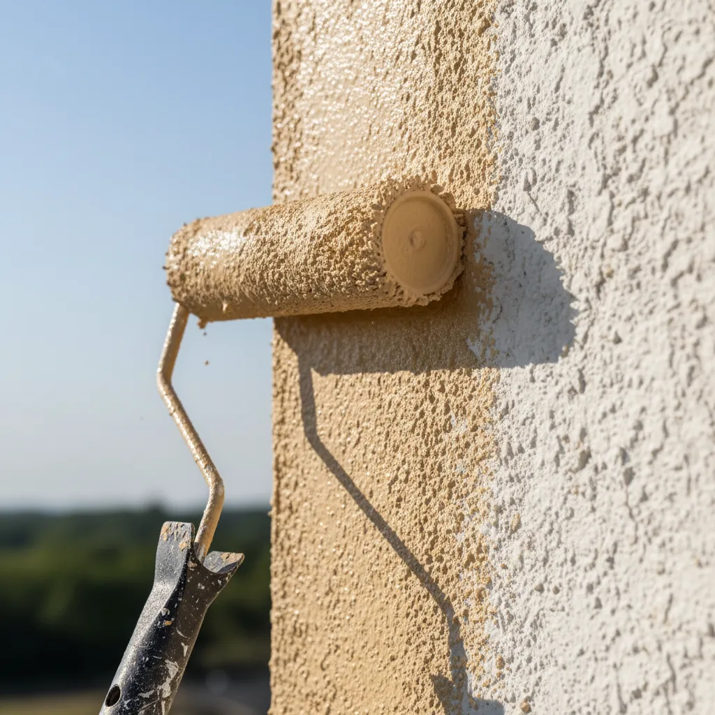 Painter applying paint to textured stucco exterior wall surface