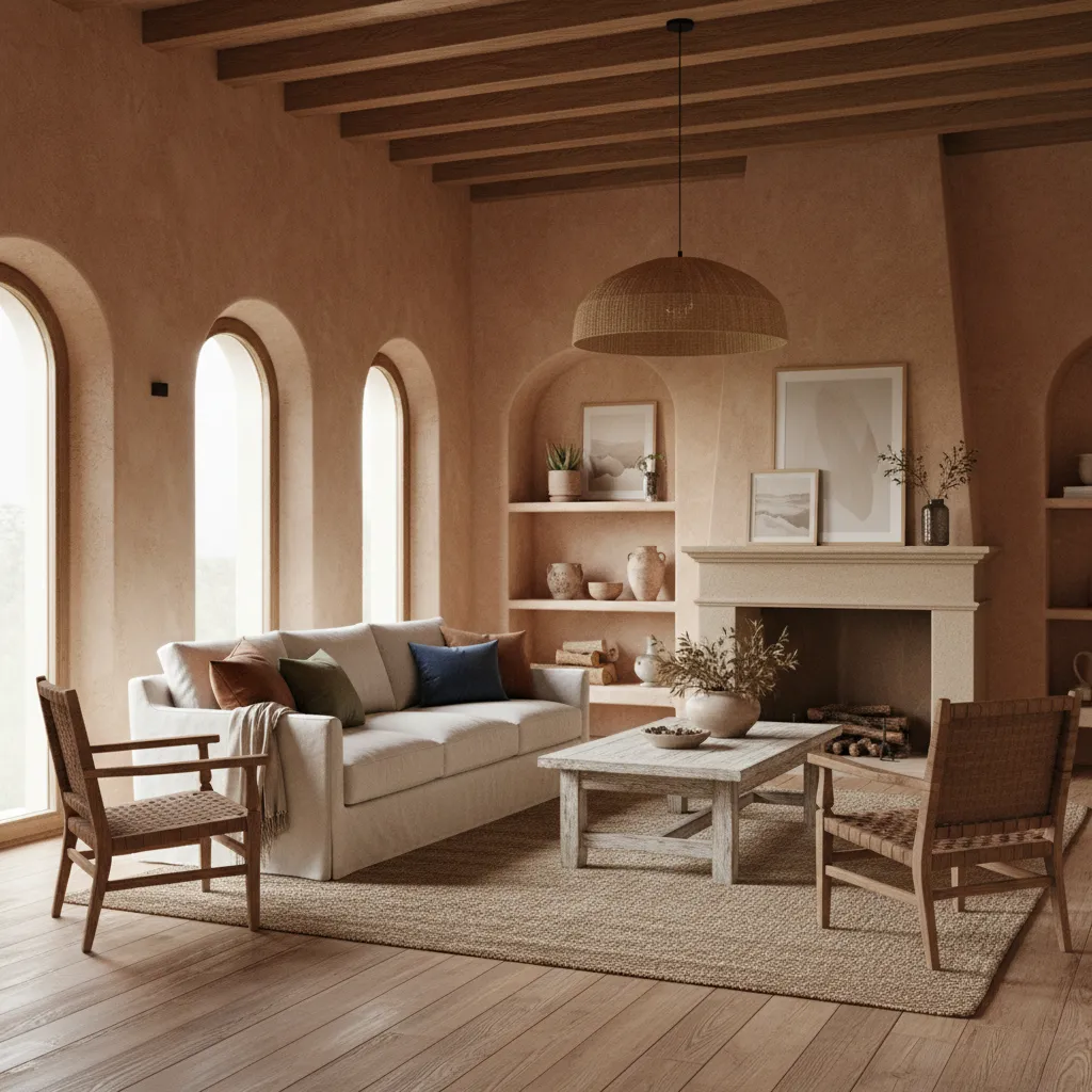 Mediterranean style living room with stucco textured paint wall
