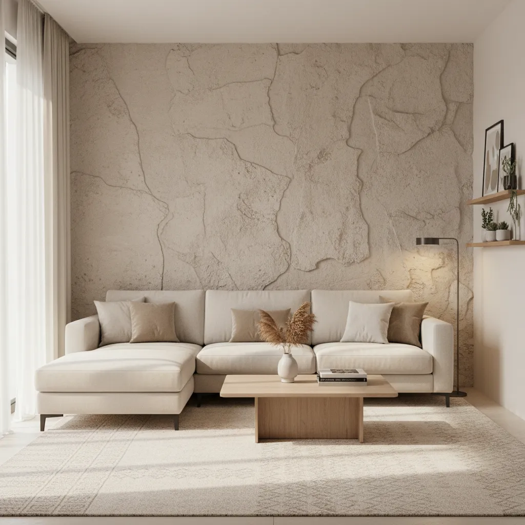 Indian living room with stucco texture accent wall behind sofa