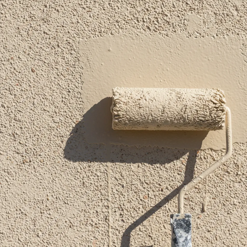 Close view of textured stucco wall surface ready for painting