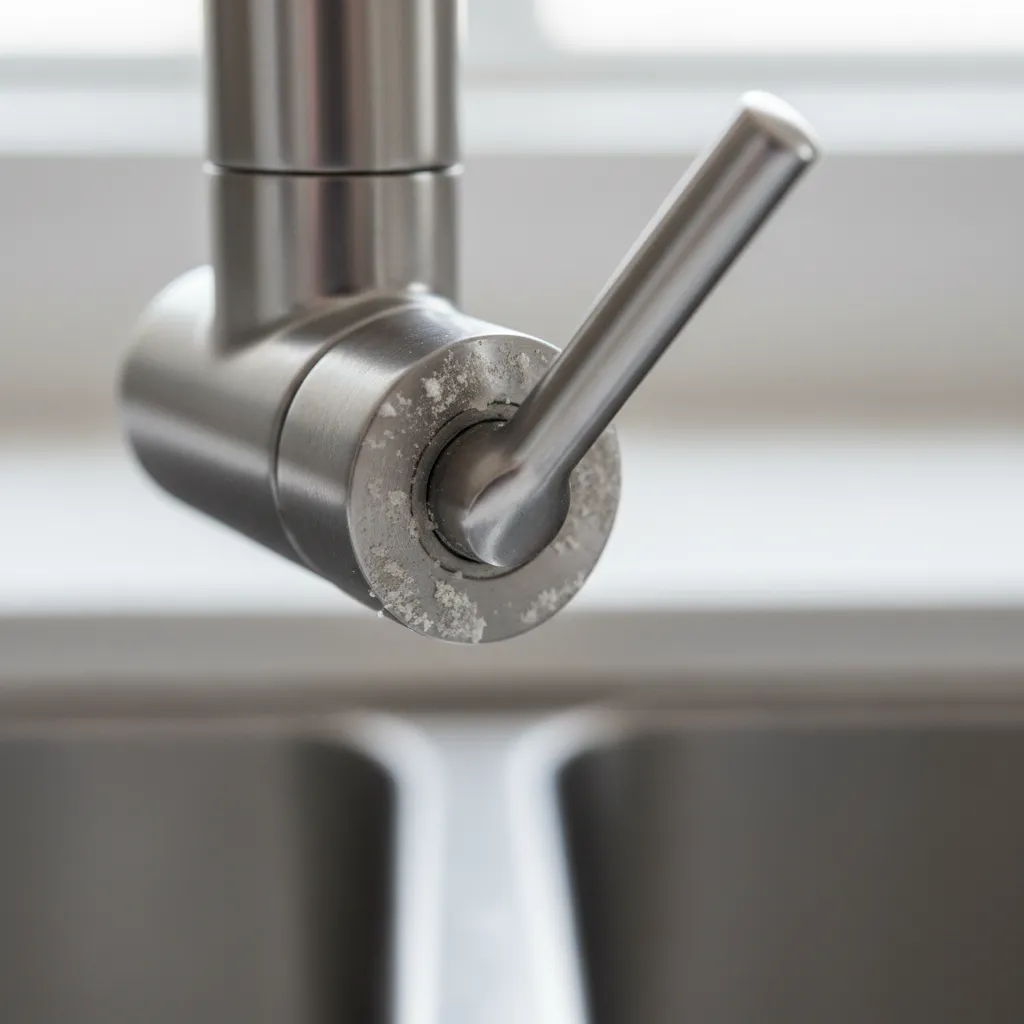 Mineral buildup around kitchen faucet handle causing it to stick
