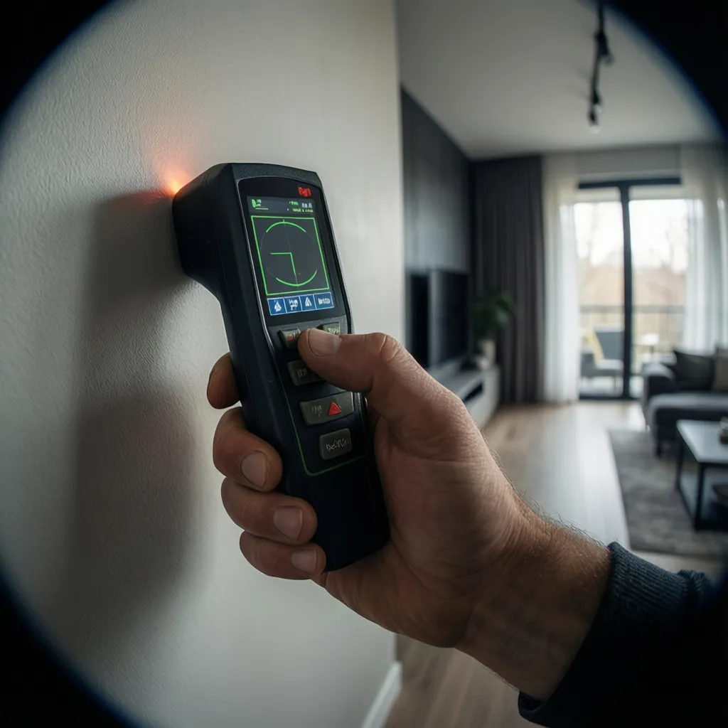 Hand using electronic stud finder in deep scan mode on drywall