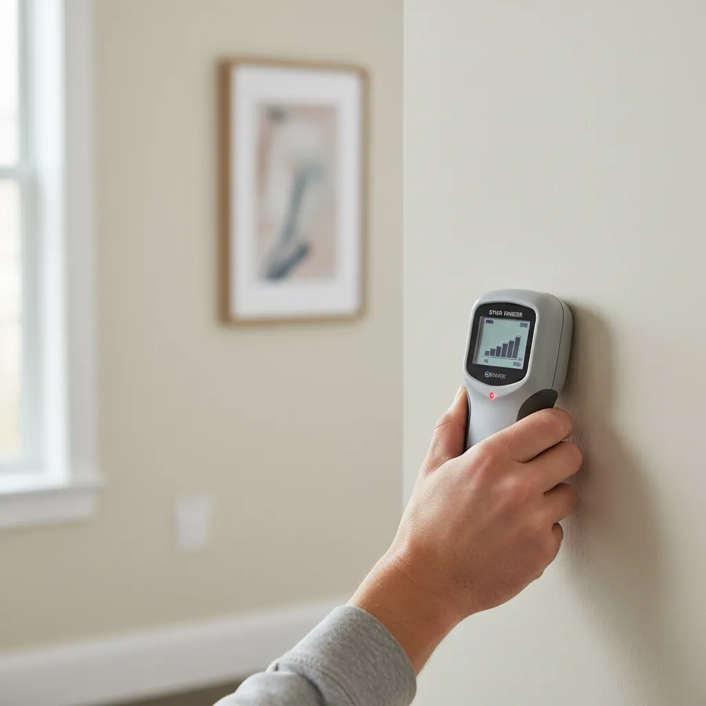 Hand using electronic stud finder scanning drywall on an exterior wall
