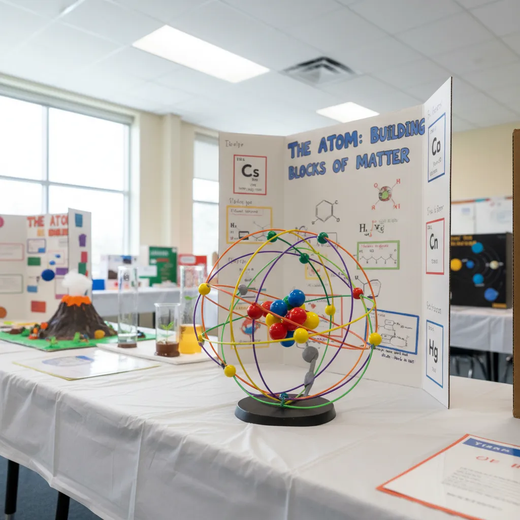 Student presenting a colorful 3D atom model at a science fair display