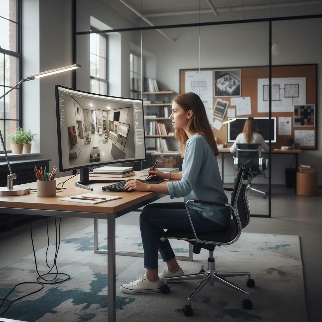 Estudiante creando plano 3D de interior en computadora