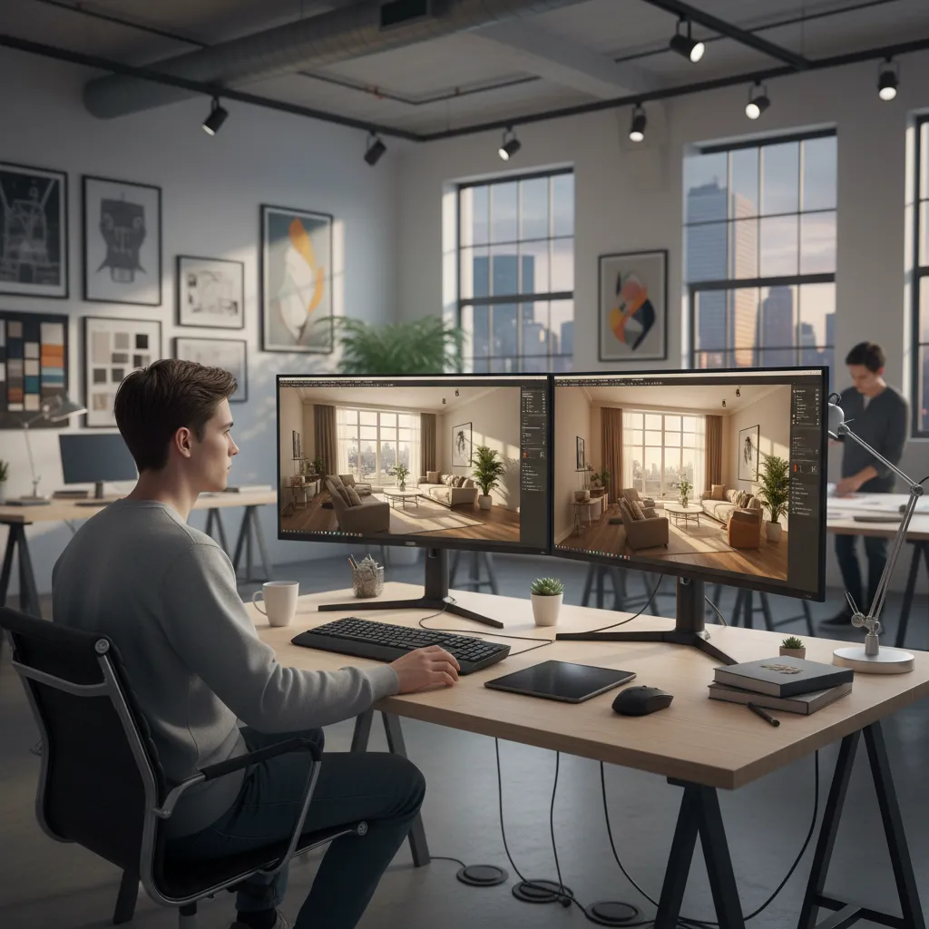 Young man sitting at desk using two large computer screens for professional interior design drawing