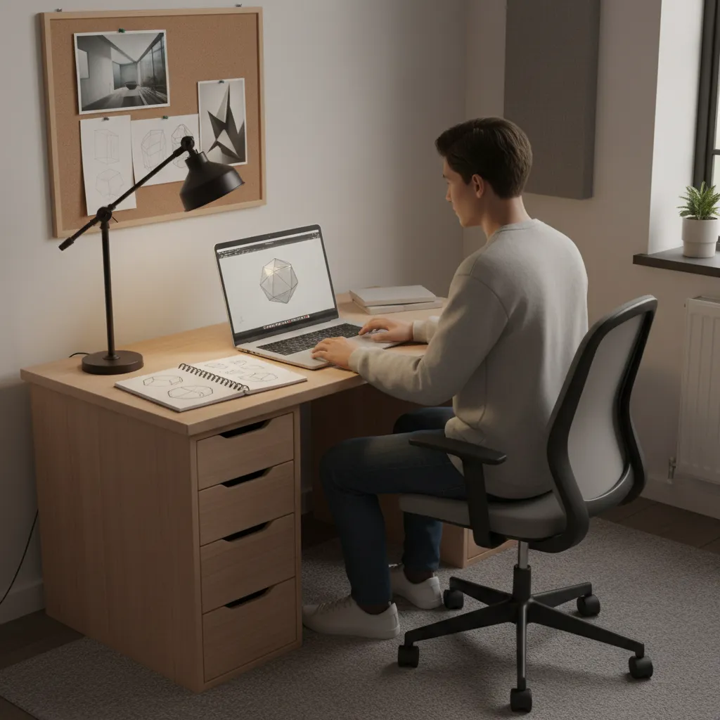 Student using laptop for interior design drawing at wooden desk with lamp and office chair