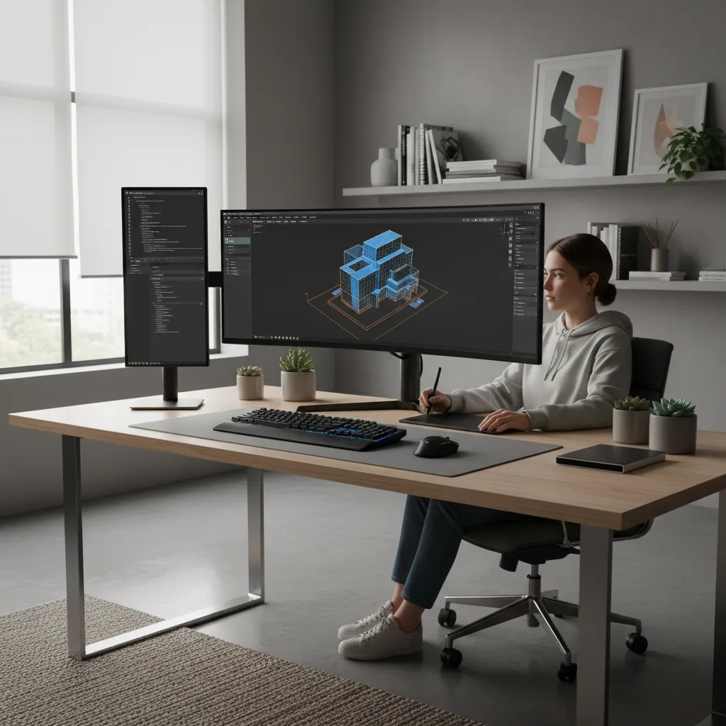 college student working on a 3D modeling project on a desktop computer
