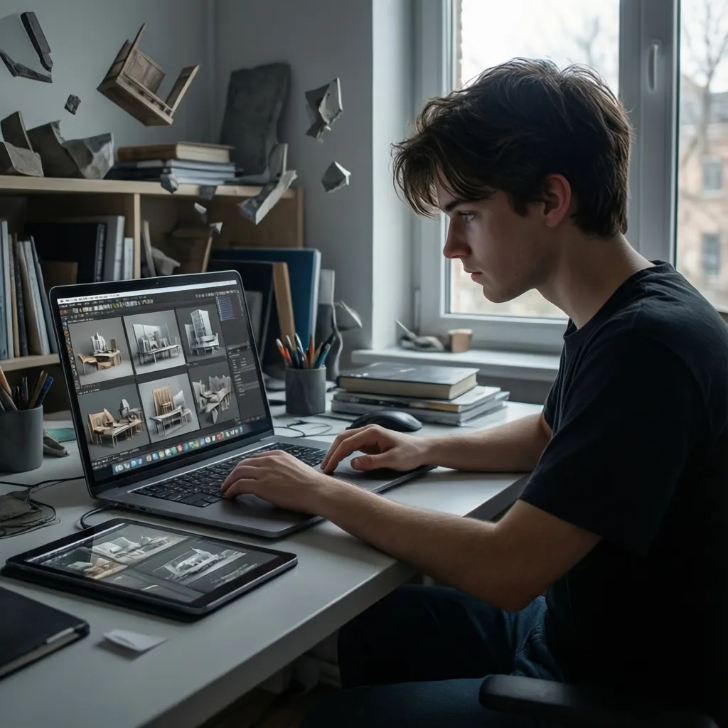 student reviewing 3D modeling portfolio pieces on a laptop and tablet