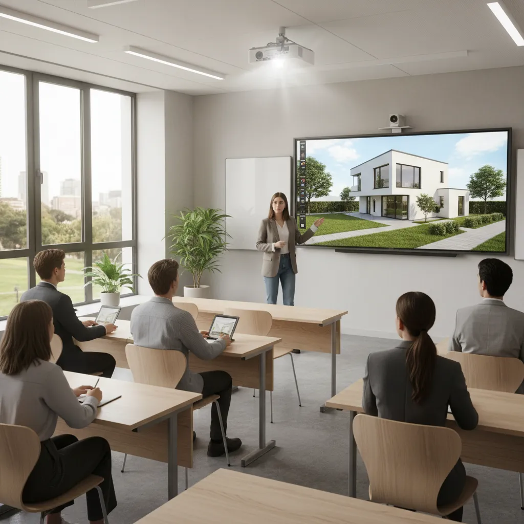 Student presenting a digital 3D house model during a school project presentation