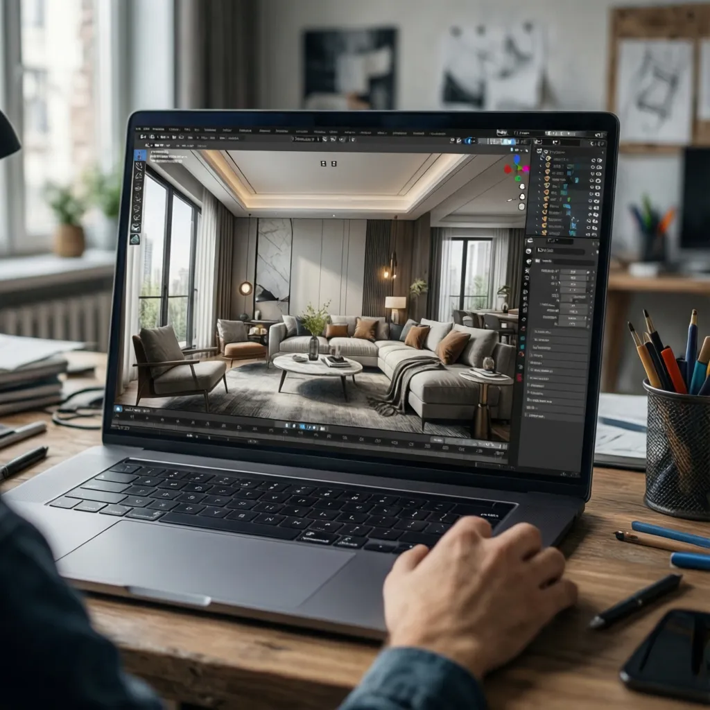 Estudiante creando un modelo 3D de un apartamento en un ordenador