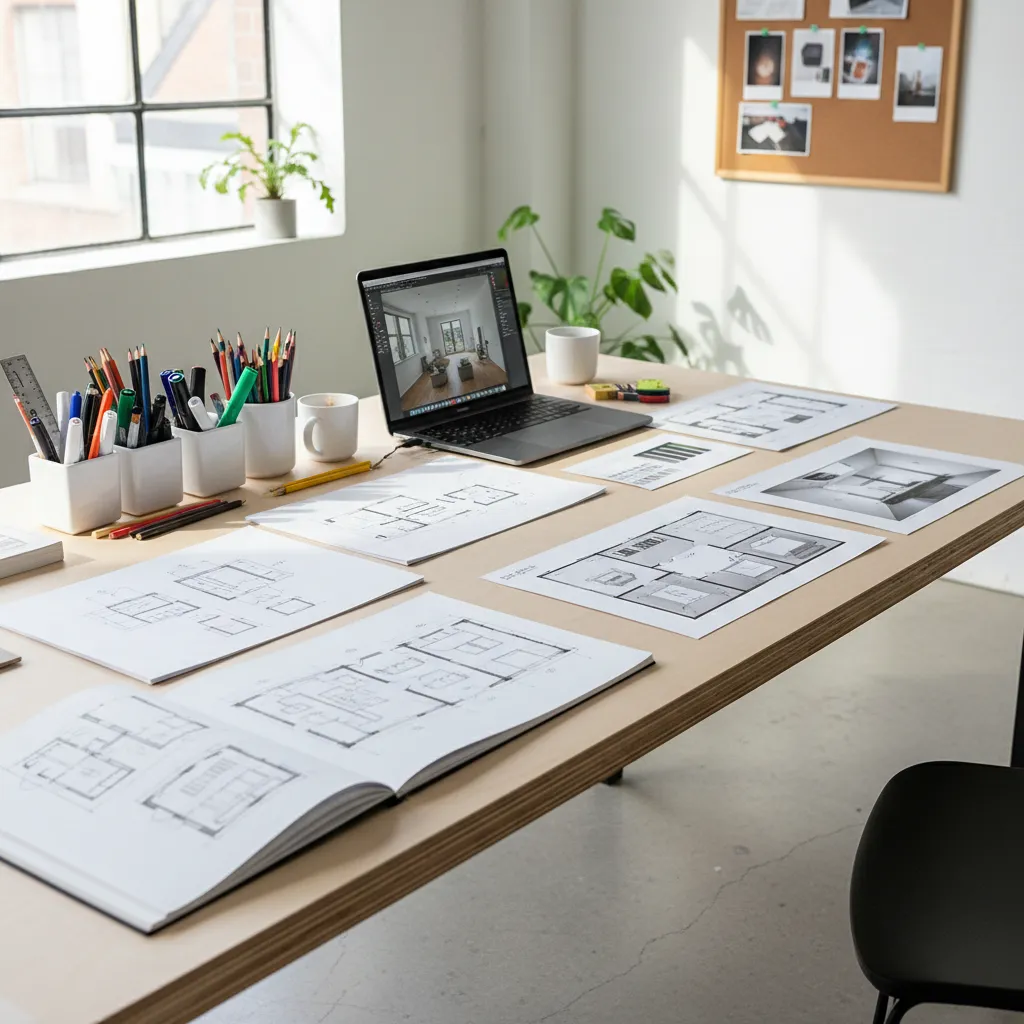 student reviewing design sketches and portfolio pages on desk