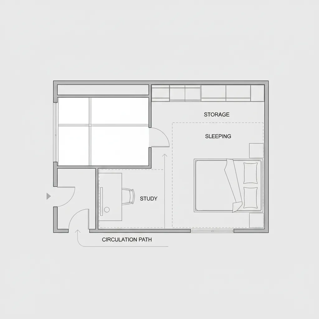 2D floor plan of a student dorm room with labeled sleeping study and storage area layout