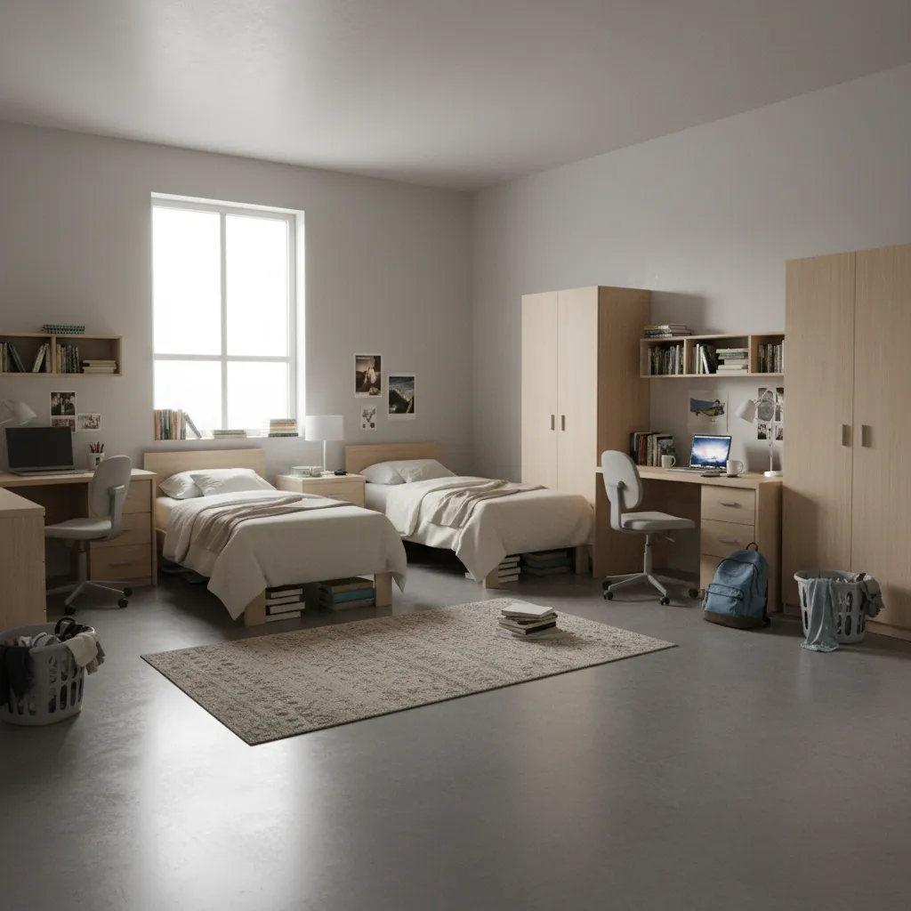 college dorm room with organized desks and storage bins in helaman halls style layout