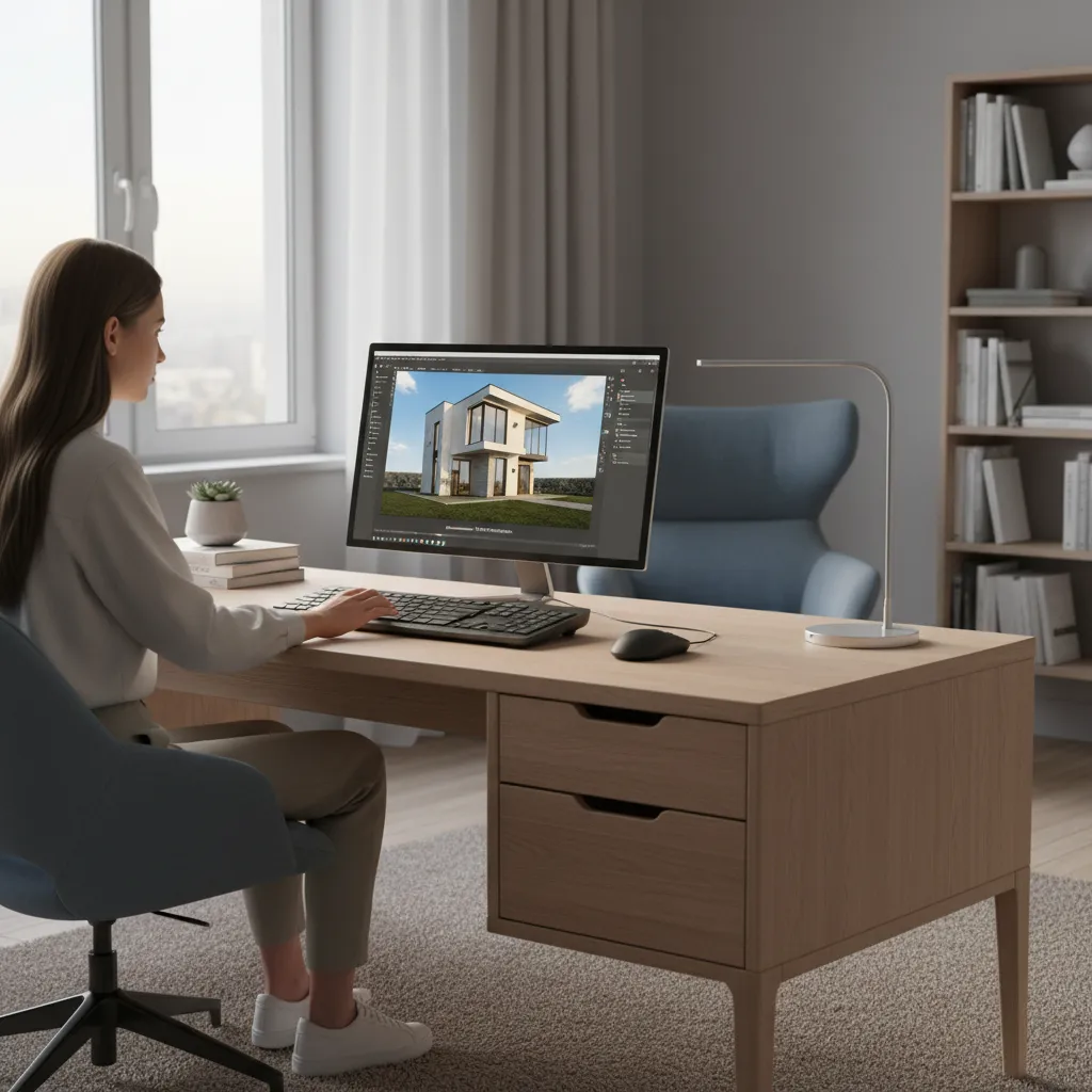 Student downloading a 3D house model on laptop for school architecture project