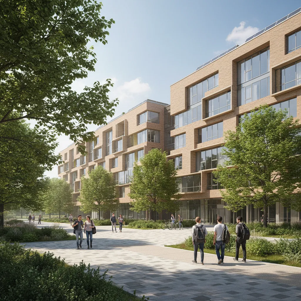 Modern university dormitory building representing student housing rentals