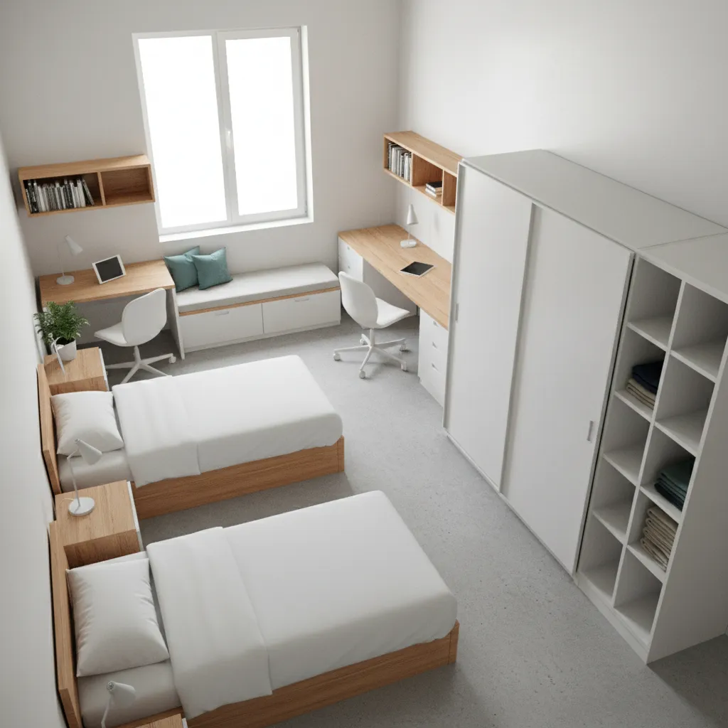 student housing dorm space planning with bed study and circulation zones