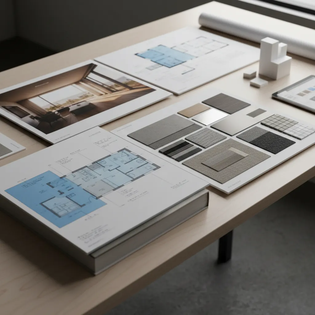 Interior design portfolio including floor plan drawings material samples and small white house model blocks