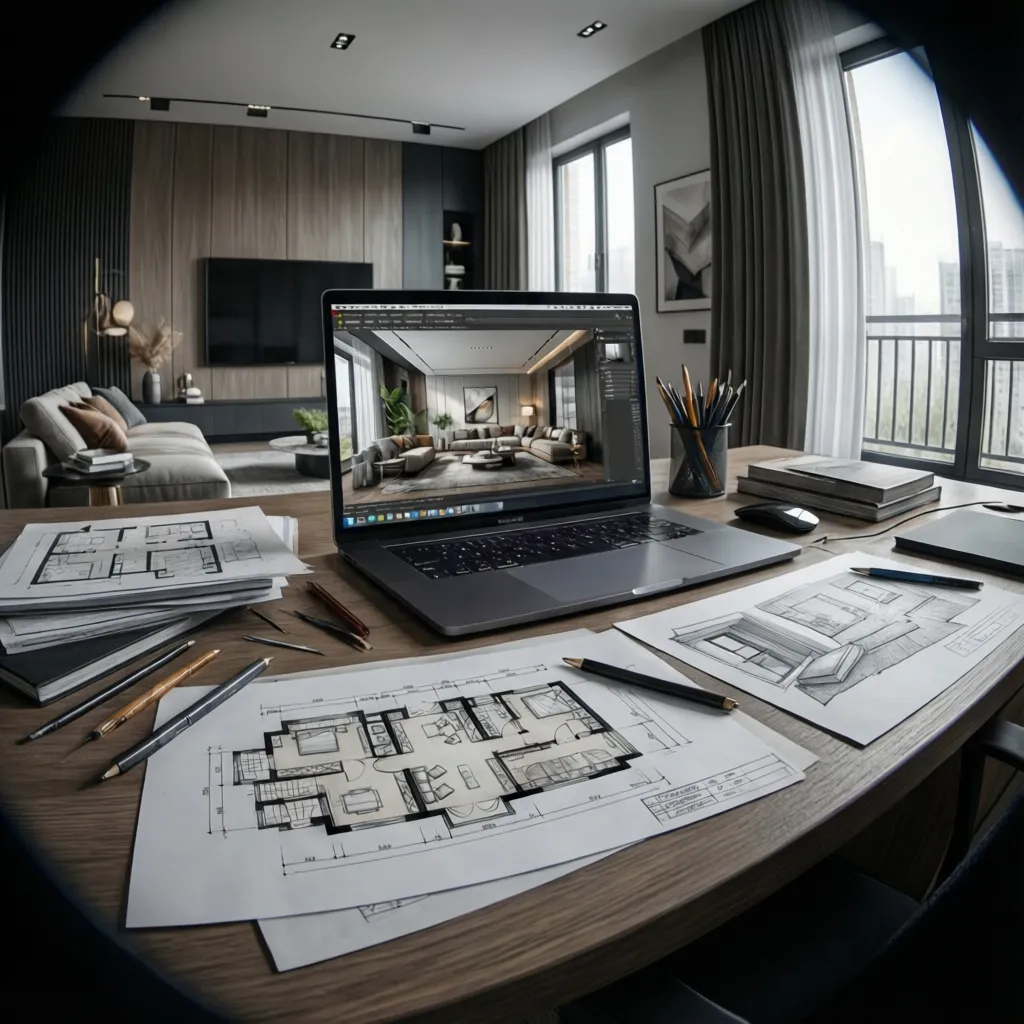 interior design portfolio with 3D renderings and layout drawings on desk