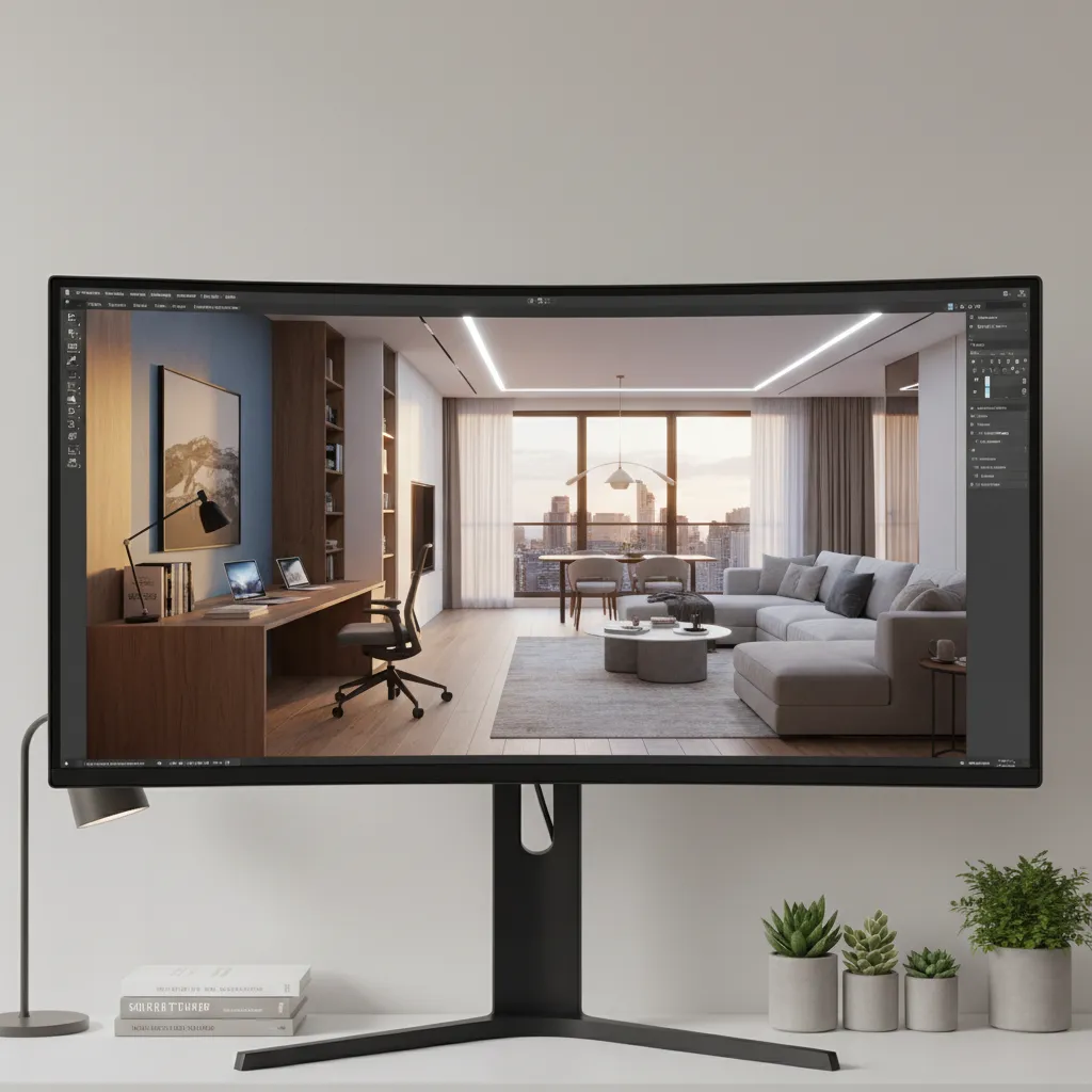 Pantalla mostrando render de interior moderno creado por estudiante