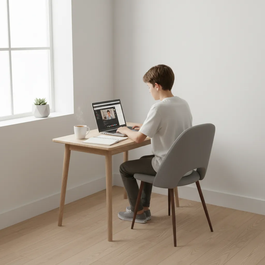 Student beginning entry level online work on laptop at simple desk setup