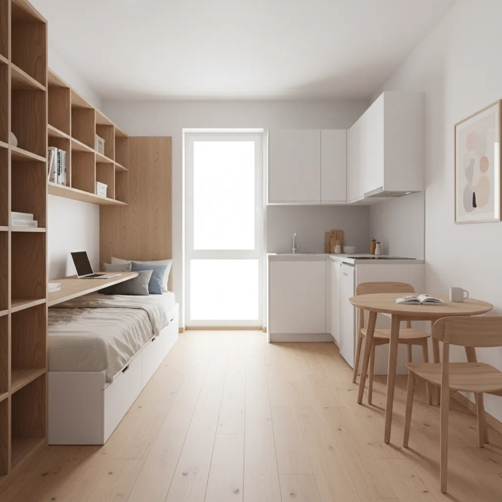student studio apartment around 250 sq ft with built in desk and bed