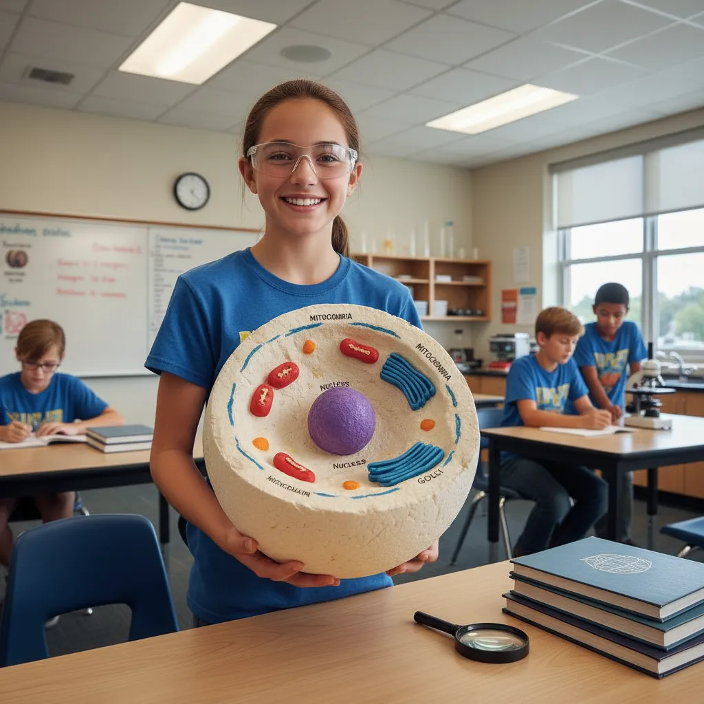 Student holding a Styrofoam 3D cell model with labeled organelles