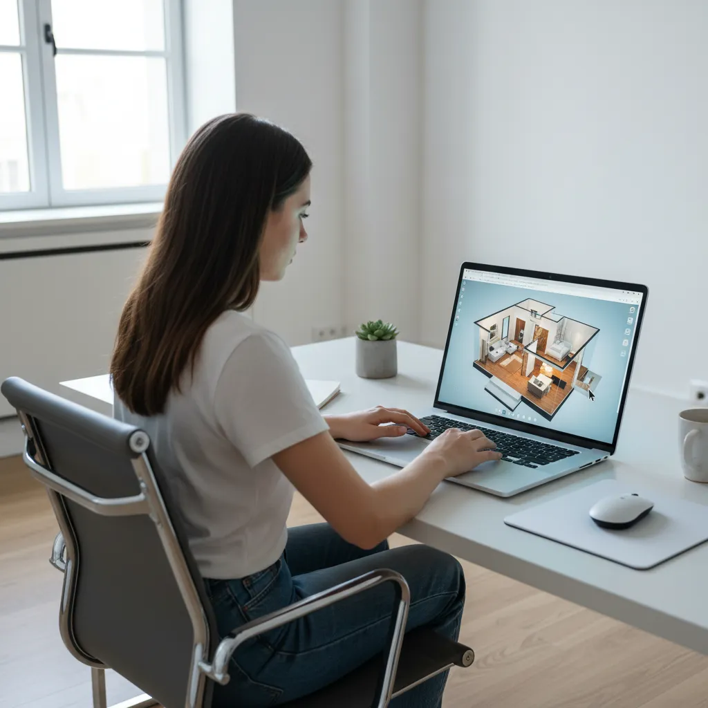 Student examining a 3D house model preview on a laptop screen