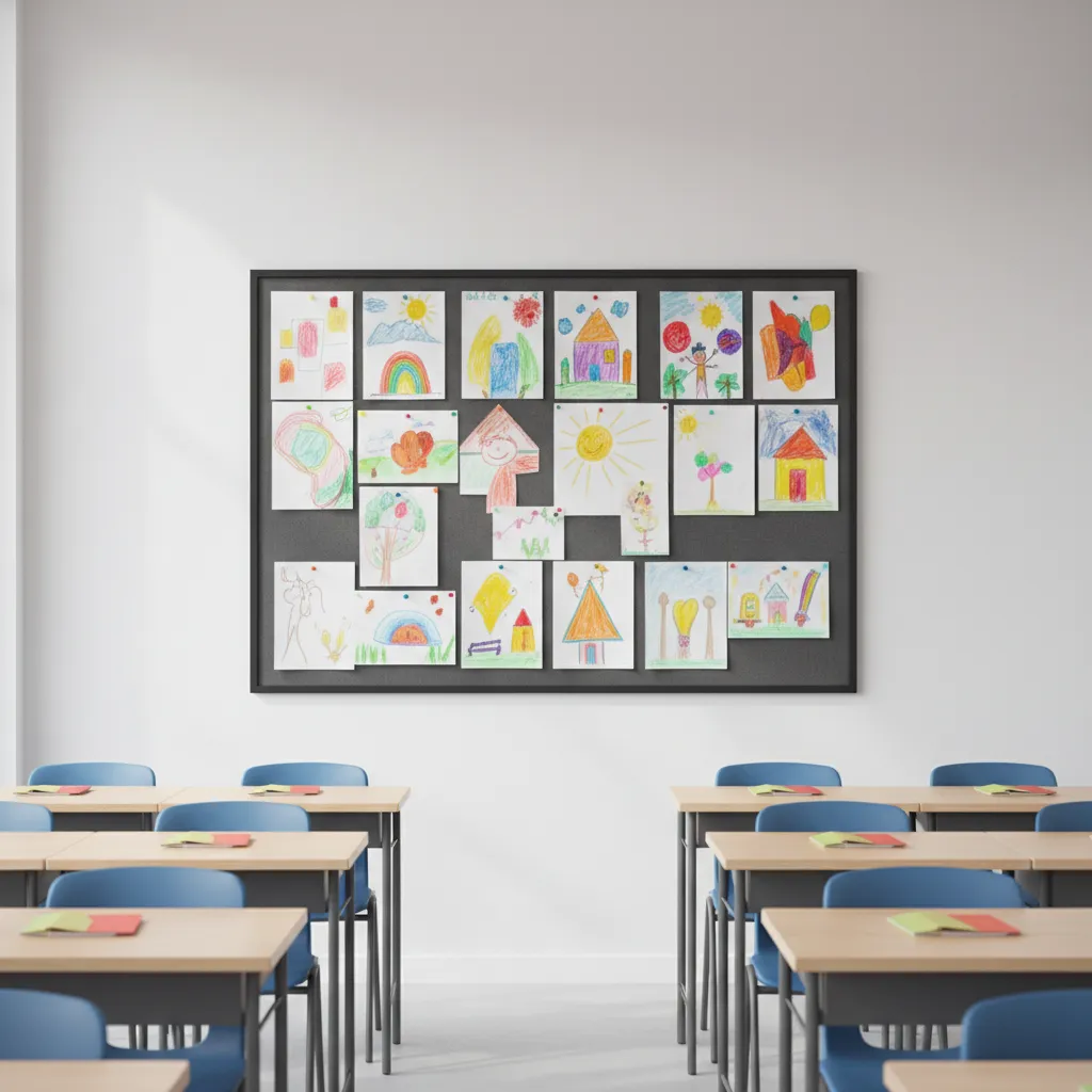 minimalist classroom wall displaying student artwork as colorful accents