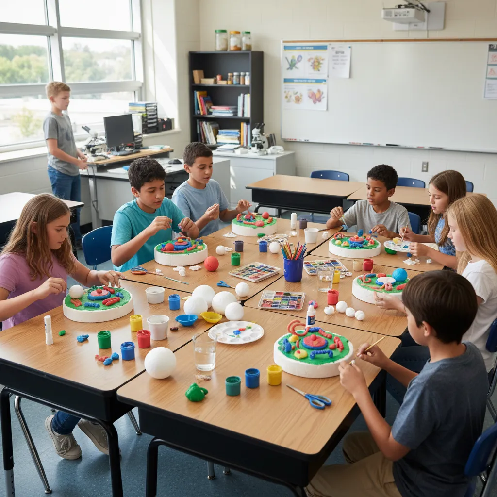 students building 3D cell models with styrofoam and paint in a science classroom