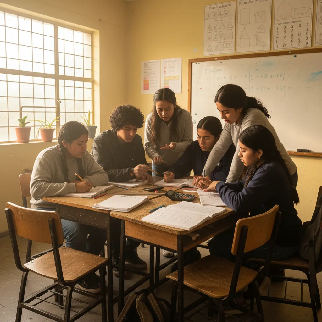 Estudiantes de secundaria resolviendo problemas matemáticos en grupo