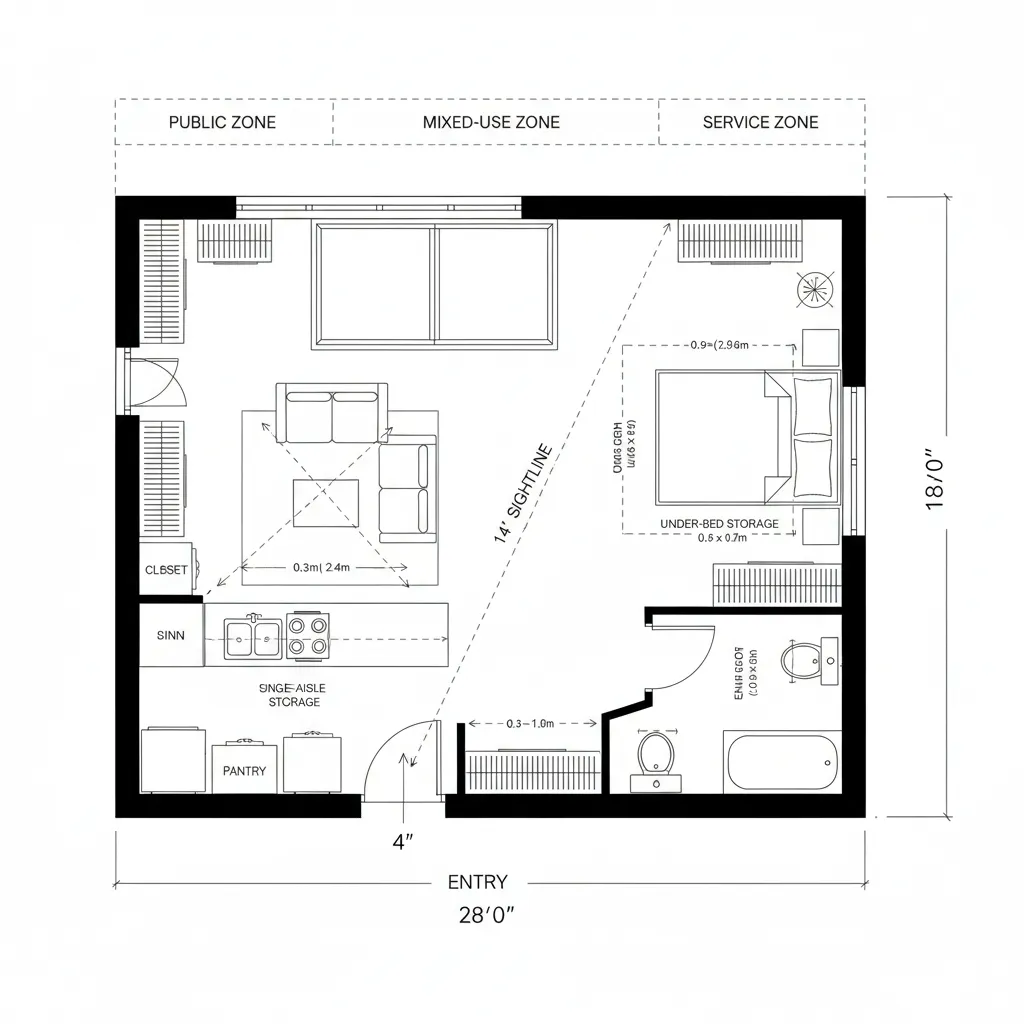Top-down CAD plan of an 18 by 28 foot studio with clear zones and dimensions