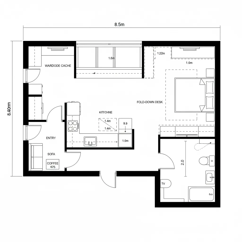 Floor plan drawing of small studio apartment with kitchen area sofa bedroom and bathroom layout